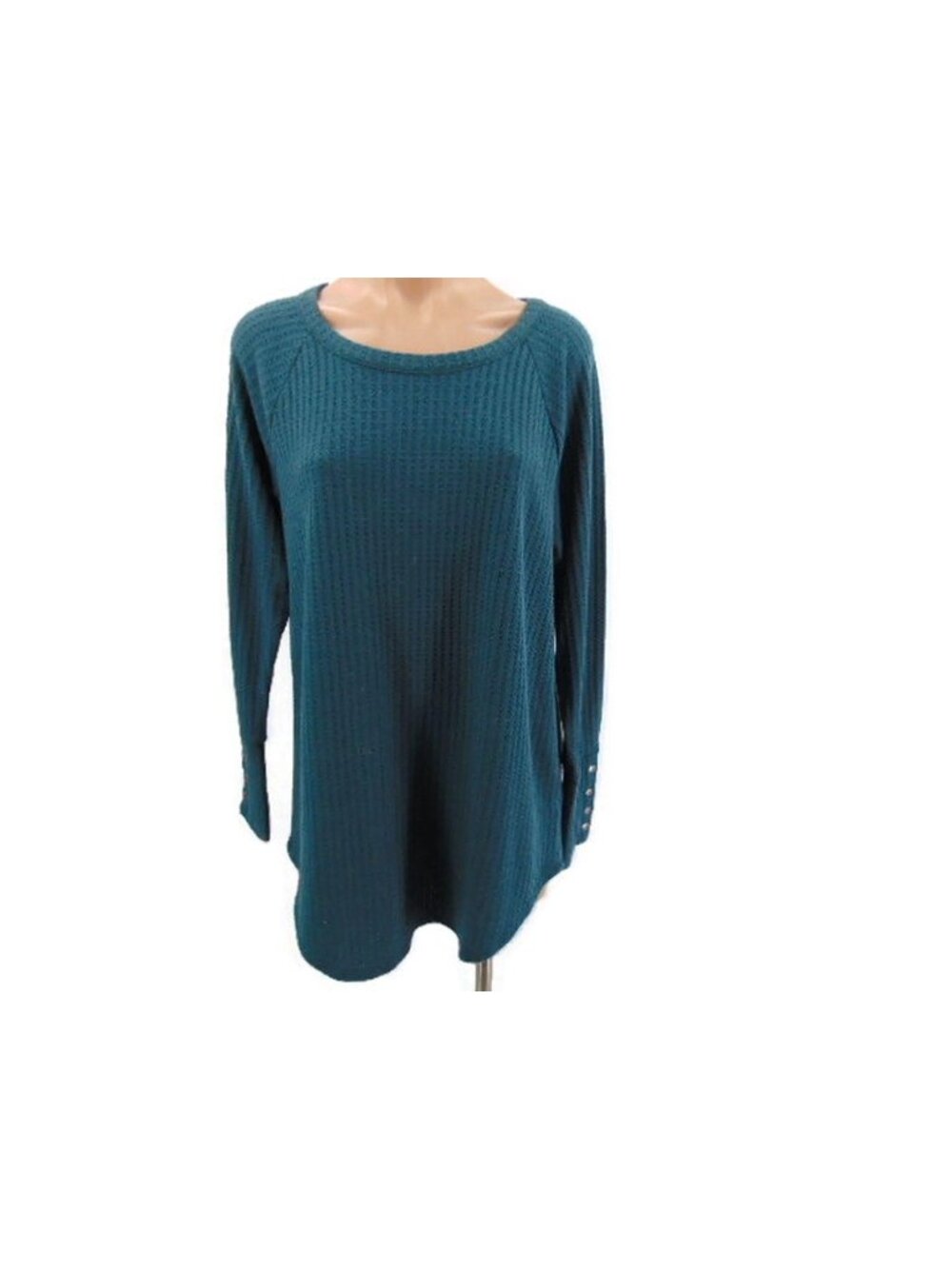 Chaser Green Waffle Knit Tunic Shirt XL Round Neck Button Cuffs Long Sleeve